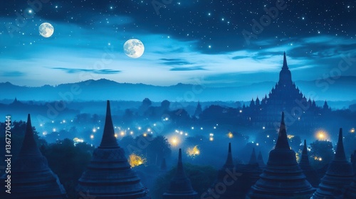 Stupas Illuminated Under Moonlit Night Sky with Stars in a Serene Landscape