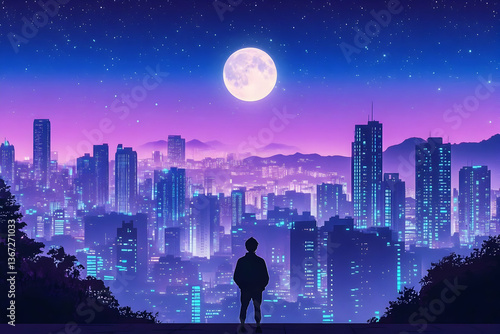 Digital Pixel Art of Person Watching Cityscape Under Full Moon and Stars
