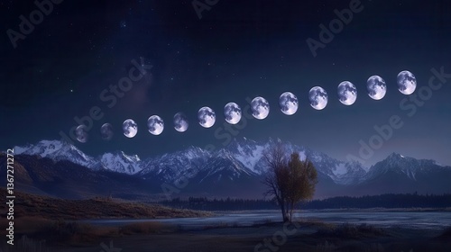 Timelapse of Lunar Phases Over Mountain Landscape at Night with Starry Sky and Reflection