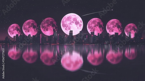 Surreal Pink Moon Over City Skyline Reflected in Water at Night with Stars in the Sky