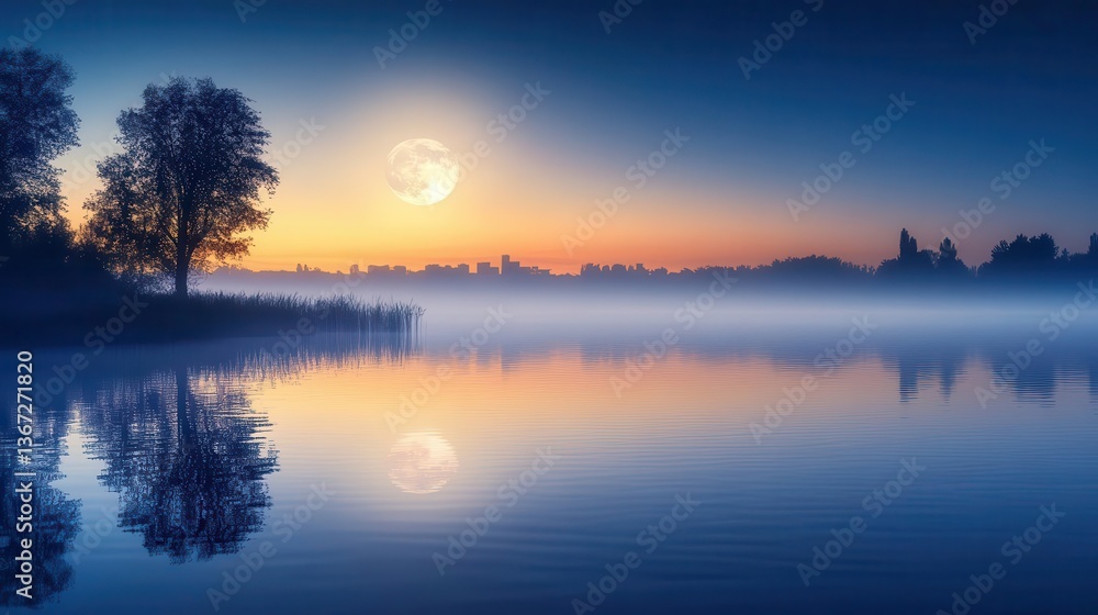 Fototapeta premium Stunning Sunset Over Calm Lake with Reflective Trees and Soft Blue Sky in Serene Atmosphere