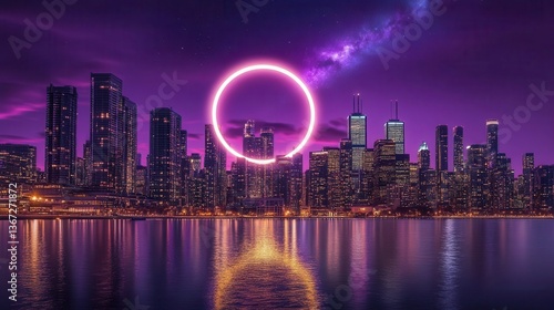Vibrant Urban Skyline at Night with Cosmic Glow Circle and Reflections in Water