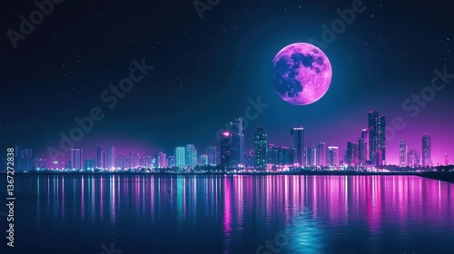 Vibrant City Skyline Illuminated by A Bright Moon and Neon Lights at Nighttime