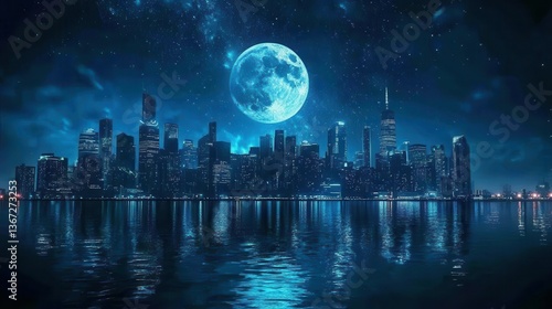 Vibrant City Skyline Under a Bright Moon with Reflective Water at Night