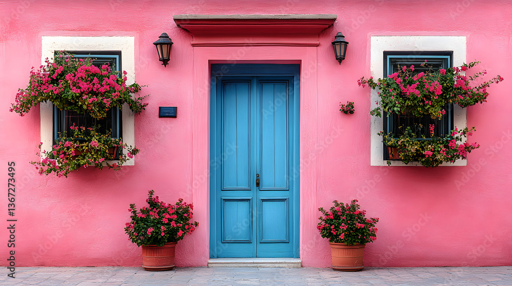 A blue door with a window above it sits in front of a red building A blue door with a window above it sits in front of a red building