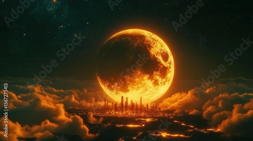 Vibrant Orange Moon Rising Above Luminous City Skyline Amidst Soft Clouds at Night