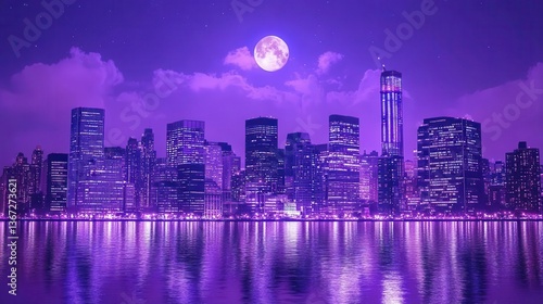 Vibrant City Skyline at Night with Purple Hues and Full Moon Reflected on Water Surface
