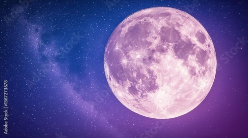 Vibrant Full Moon Illuminating a Starry Night Sky with Purple and Blue Hues