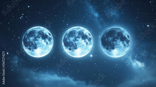 Three Illuminated Full Moons Against a Starry Night Sky With Soft Clouds and Cosmic Glow