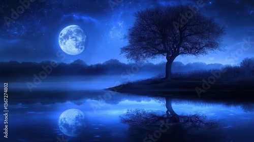 Tranquil Night Landscape with Silhouette of Tree and Full Moon Reflecting on Calm Water
