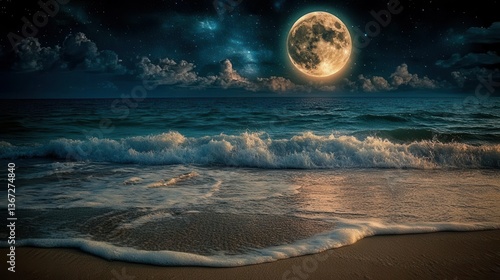 Tranquil Night View of Ocean Waves Under Bright Full Moon Lighting the Sandy Beach