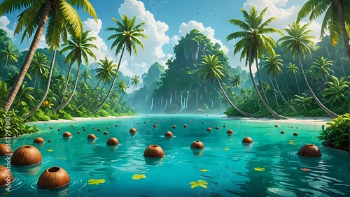 Tropical Island Scene with Palm Trees, Coconuts, and Turquoise Water