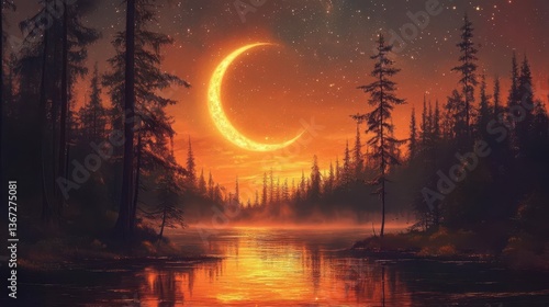 Tranquil River Under A Crescent Moon At Sunset Surrounded By Tall Forest Trees In A Beautiful Scene