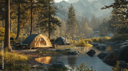 Idyllic weekend vacation outdoor camping campground by secluded majestic mountain scene with tent by winding woodland stream mountain landscape nature trees forest background