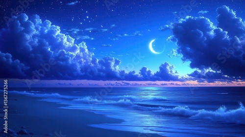 Tranquil Ocean View Under A Starry Night Sky With Moonlight Reflection On The Water