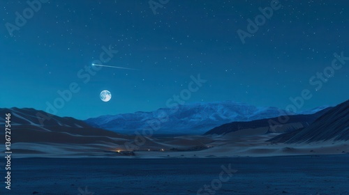 Vast Night Landscape with Majestic Mountains and a Bright Moon Illuminating the Sky