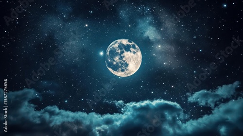 Vibrant Full Moon Illuminating Starry Night Sky with Wispy Clouds and Cosmic Wonders