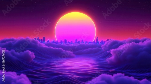 Vibrant Sunset Over Ocean Waves with City Silhouette and Colorful Cloudscape in Night Sky