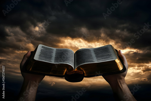 Hands Holding Open Golden Book Against Stormy Sky Photo