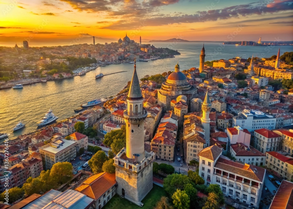 Fototapeta premium Aerial Istanbul: Drone View of Cityscape, Sea, and Galata Tower