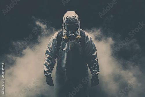 Illustration of Figure in Hazmat Suit Amidst Smoke and Storm Clouds