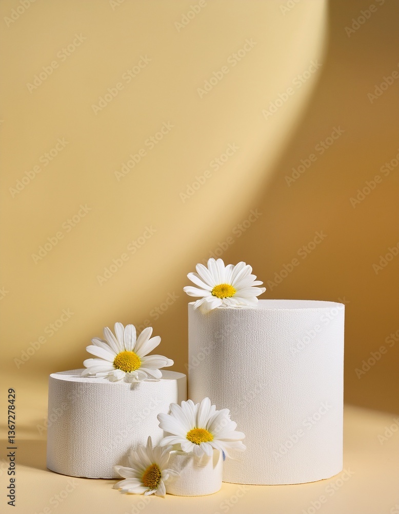 Minimal concept display with daisies in bloom. White empty podiums on pale yellow background