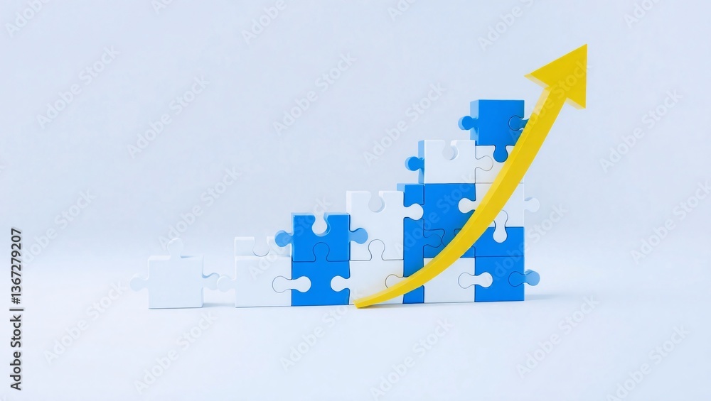 Fototapeta premium Puzzle Pieces Forming Growth Chart with Upward Arrow – Business and Strategy Concept
