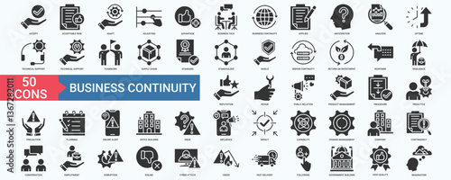 Business Continuity icon collection set. Containing accept, adapt, adjusting, advantage, applied, anticipation, analysis, uptime, technical support, teamwork icon. Simple vector