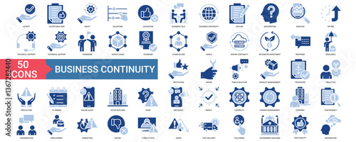 Business Continuity icon collection set. Containing accept, adapt, adjusting, advantage, applied, anticipation, analysis, uptime, technical support, teamwork icon. Simple vector