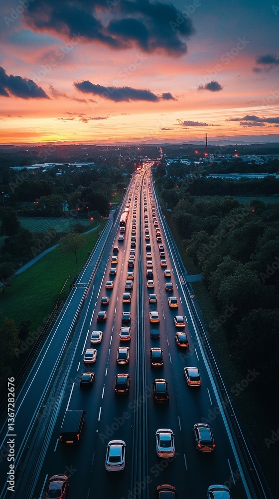 Fototapeta premium Fast-moving highway traffic passes suburban farmland and commercial buildings.