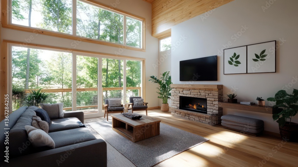 Spacious living room with large windows offering a view of lush green trees and a bright sunny daylight. Featuring a fireplace a tv and modern furniture Spacious living room with large windows offering a view of lush green trees and a bright sunny daylight. Featuring a fireplace a tv and modern furniture