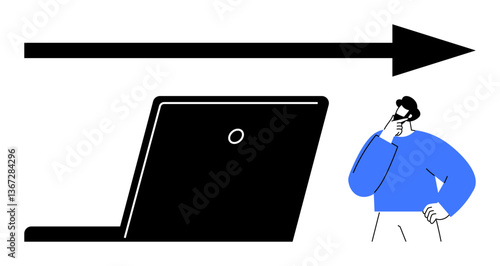 Man gazing thoughtfully at laptop with large forward arrow symbolizing advancement, strategy, or direction. Ideal for innovation, decision-making, technology, planning, growth, strategy foresight