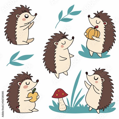 Delightful set of whimsical hedgehog characters in charming poses and autumnal setting