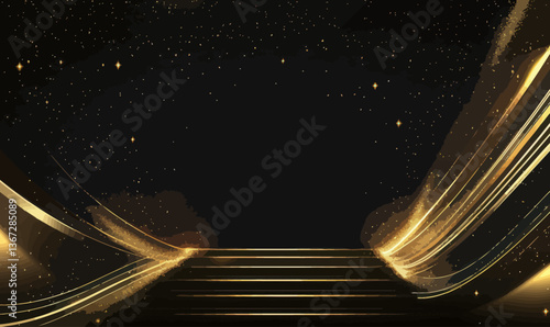 Elegant Golden Design with Diagonal Glowing Light Effects on Black Background for Premium Awards