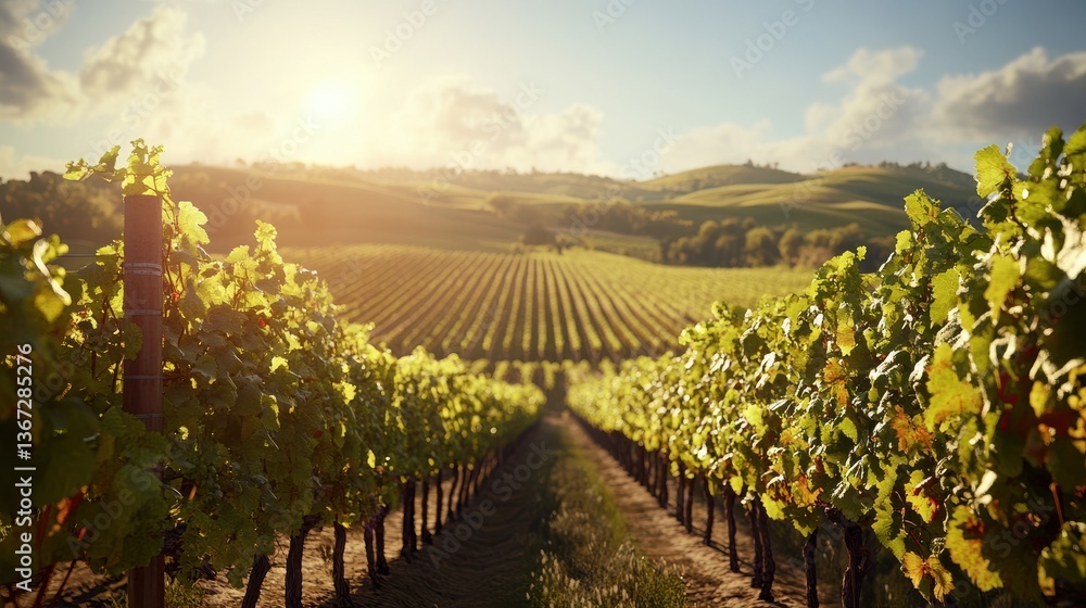 Naklejka premium Lush vineyard landscape bathed in warm sunlight at sunset.