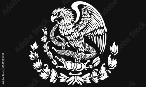 Minimalist Vector Illustration Eagle Biting Snake Mexican Coat of Arms Black and White
