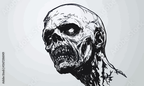 Ink Sketch of Zombie Head Illustration for Horror Themes and Halloween Decor