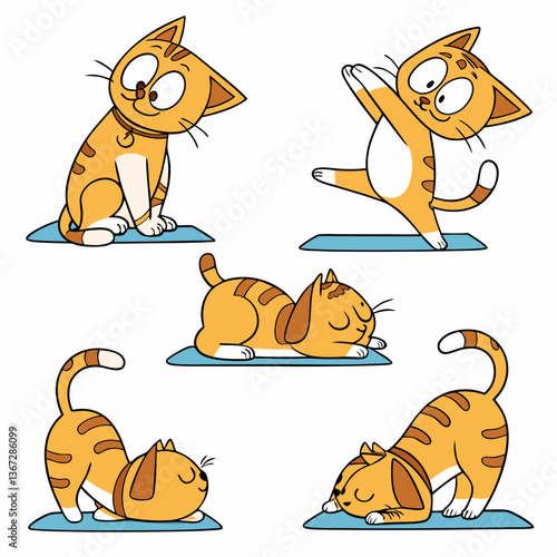 Adorable feline friends demonstrating yoga poses on blue mats cartoon illustration