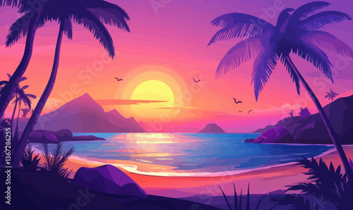 Vibrant Tropical Beach Sunset Illustration with Palms and Ocean View