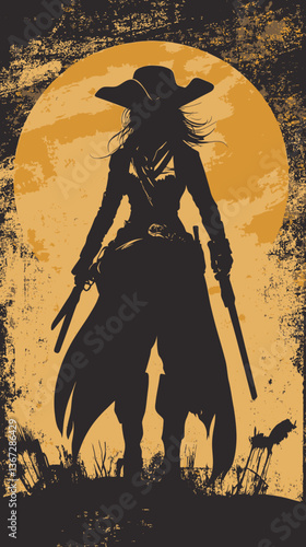Silhouette of Female Pirate with Weapons: Minimalist Flat Vector Art for Adventure Themes