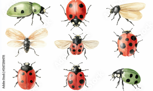 Watercolor Ladybugs and Insects Vector Set in Minimalist Flat Style Illustration