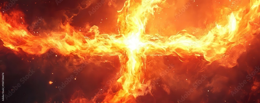 Fototapeta premium Fire element cross, flame patterns and glowing heat hues, energetic style, watercolor style