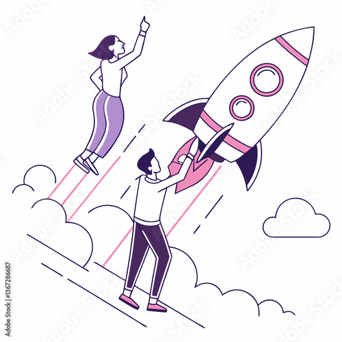 Team launching rocket, striving for innovation and reaching peak performance