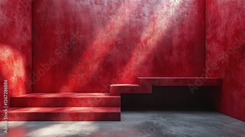 empty red background,stand display or shelf with studio for showing or design christmas concept blank backdrop made from cement material realistic 3d render