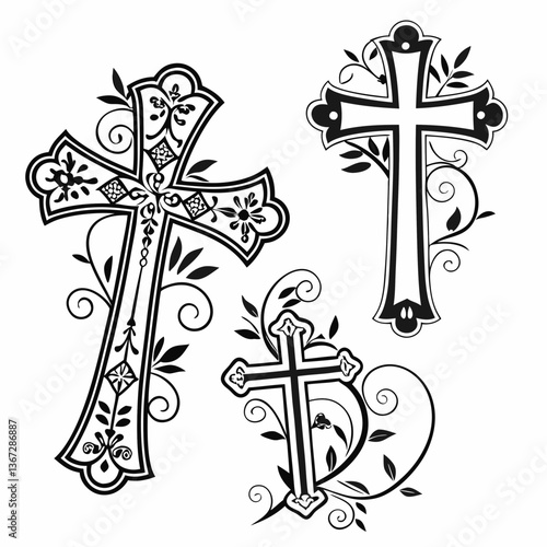 Artistic rendition of christian crosses embellished with floral motifs, evoking faith