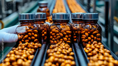 Pharmaceutical Factory Conveyor Belt with Brown Medicine Bottles Photo
