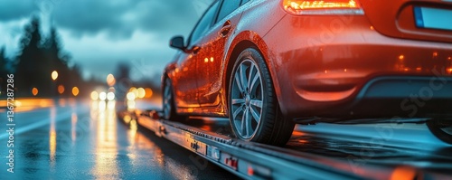 generic unidentifiable car loaded on a towing or recovery breakdown truck driving on the highway for repairing or warranty services concepts as wide banner design with copyspace. Generative AI