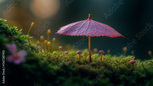 Wallpaper Mural Unique leaf umbrella stands above small mushrooms in a serene forest setting during early morning hours Torontodigital.ca