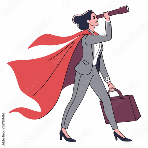 Visionary business professional with cape using spyglass to find opportunities