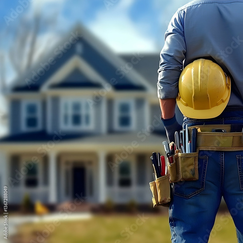 Photo Construction Worker with Tools and Helmet Near House Exterior